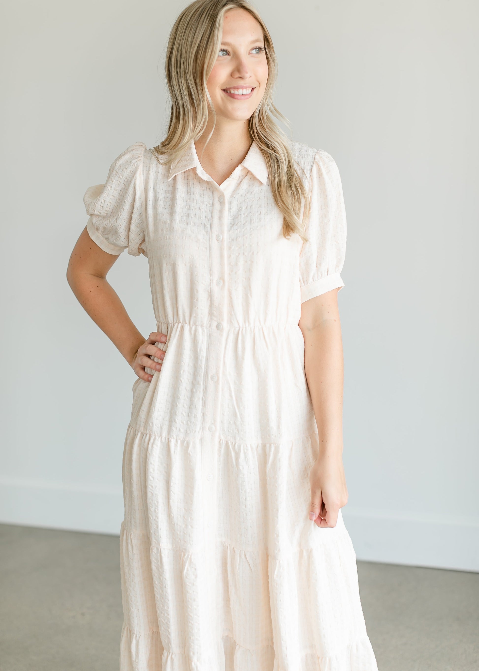 Tiered Short Sleeve Midi Shirtdress Dresses