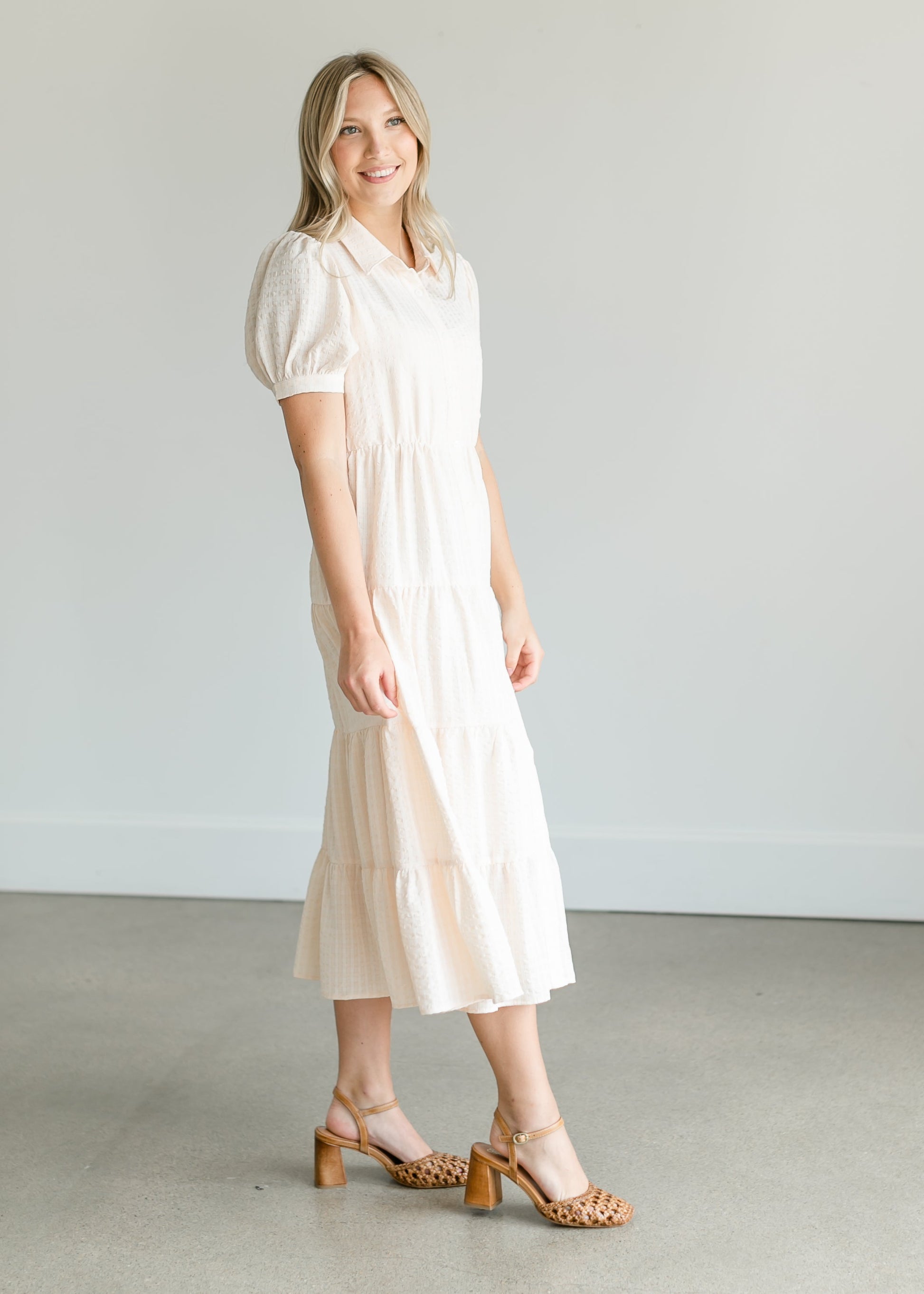 Tiered Short Sleeve Midi Shirtdress Dresses