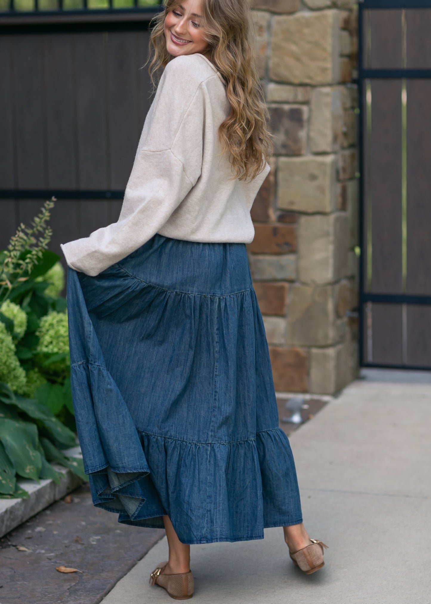 Tiered Stretch Waist Denim Skirt FF Skirts