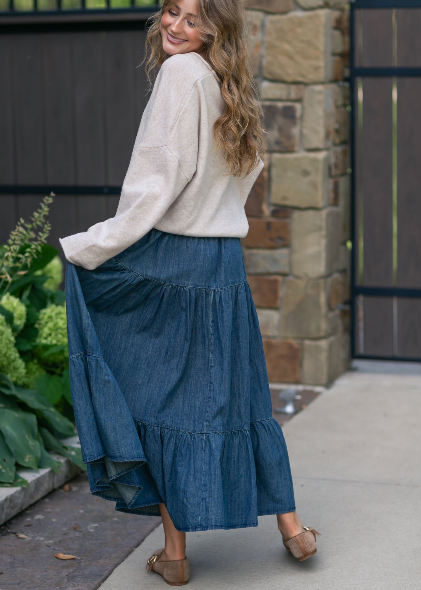 Tiered Stretch Waist Denim Skirt FF Skirts