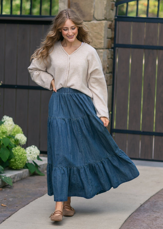 Tiered Stretch Waist Denim Skirt FF Skirts