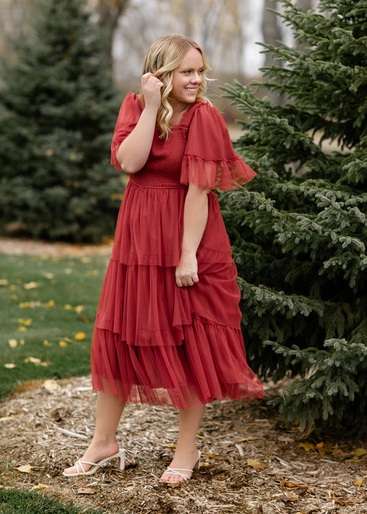 Tulle Ruffle Smocked Midi Dress FF Dresses