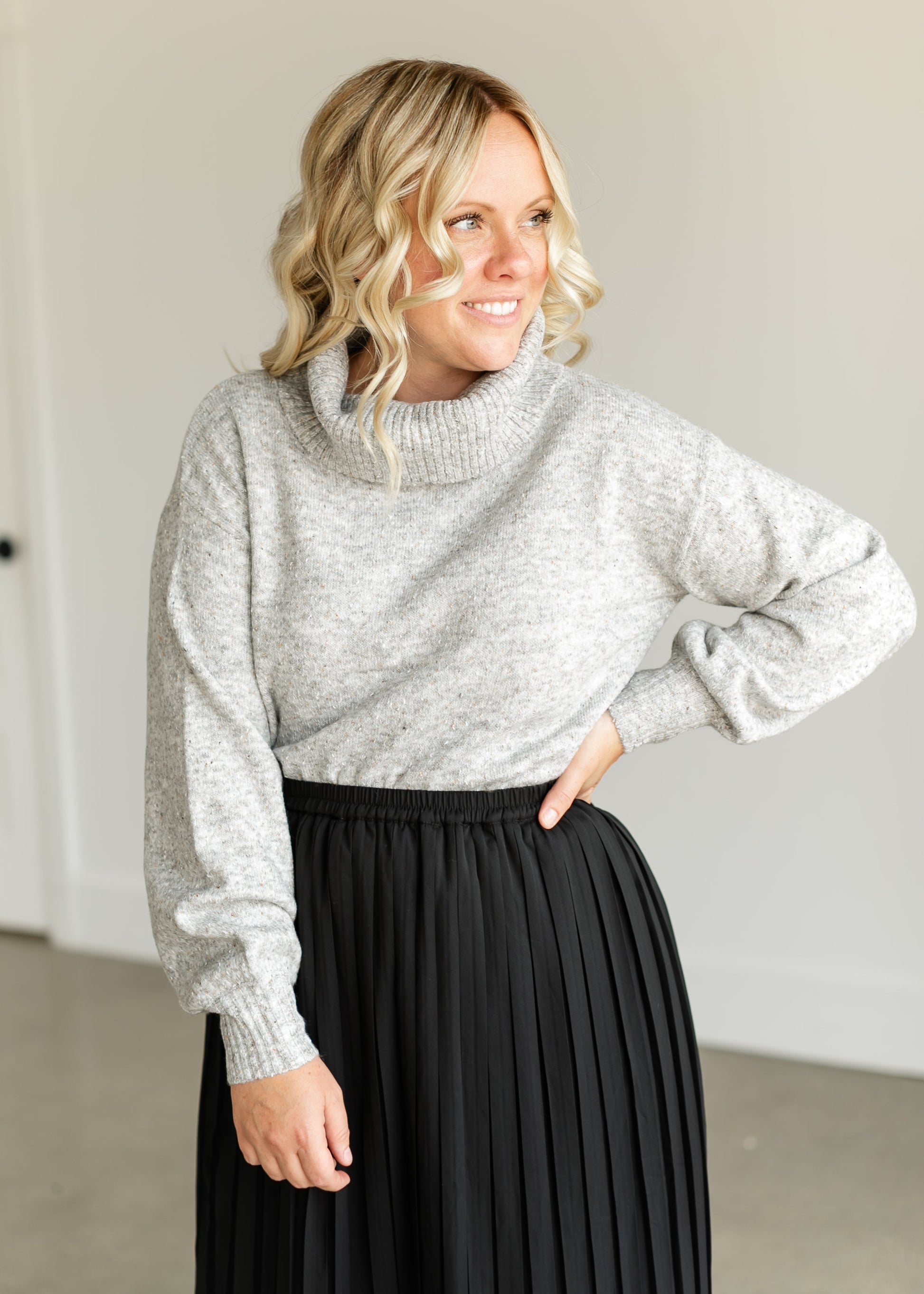 Turtleneck Balloon Sleeve Pullover Sweater FF Tops Heather Gray / S
