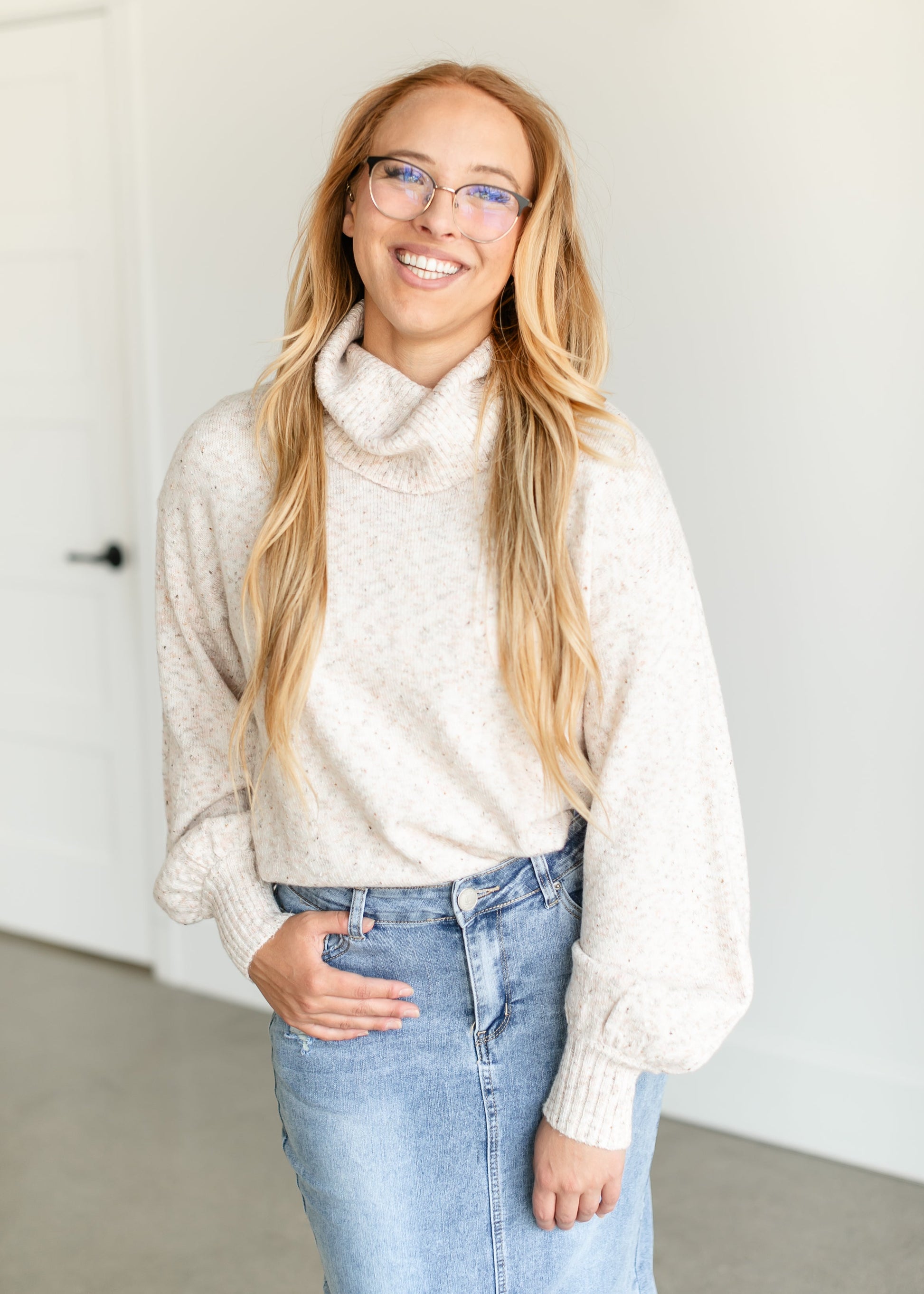 Turtleneck Balloon Sleeve Pullover Sweater FF Tops Oatmeal / S