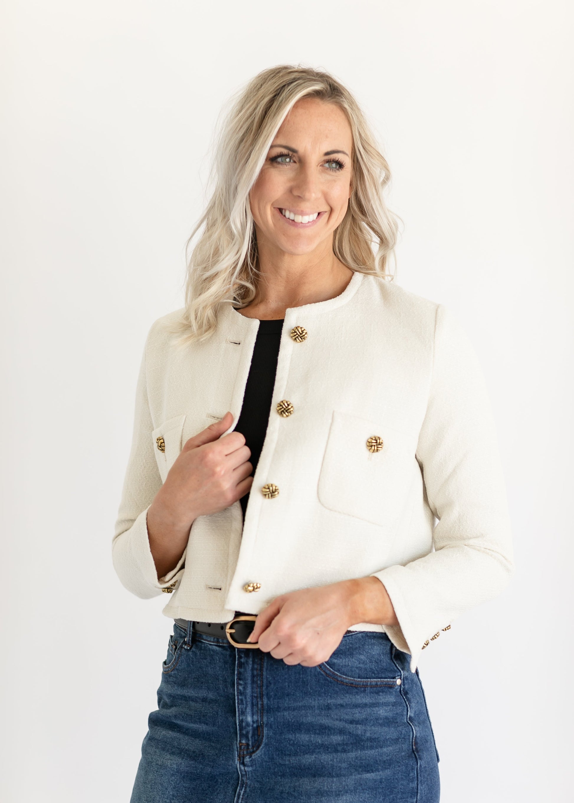 Tweed Gold Button Boxy Jacket FF Tops
