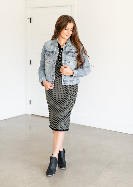 Two Tone Knit Collar Midi Dress FF Dresses