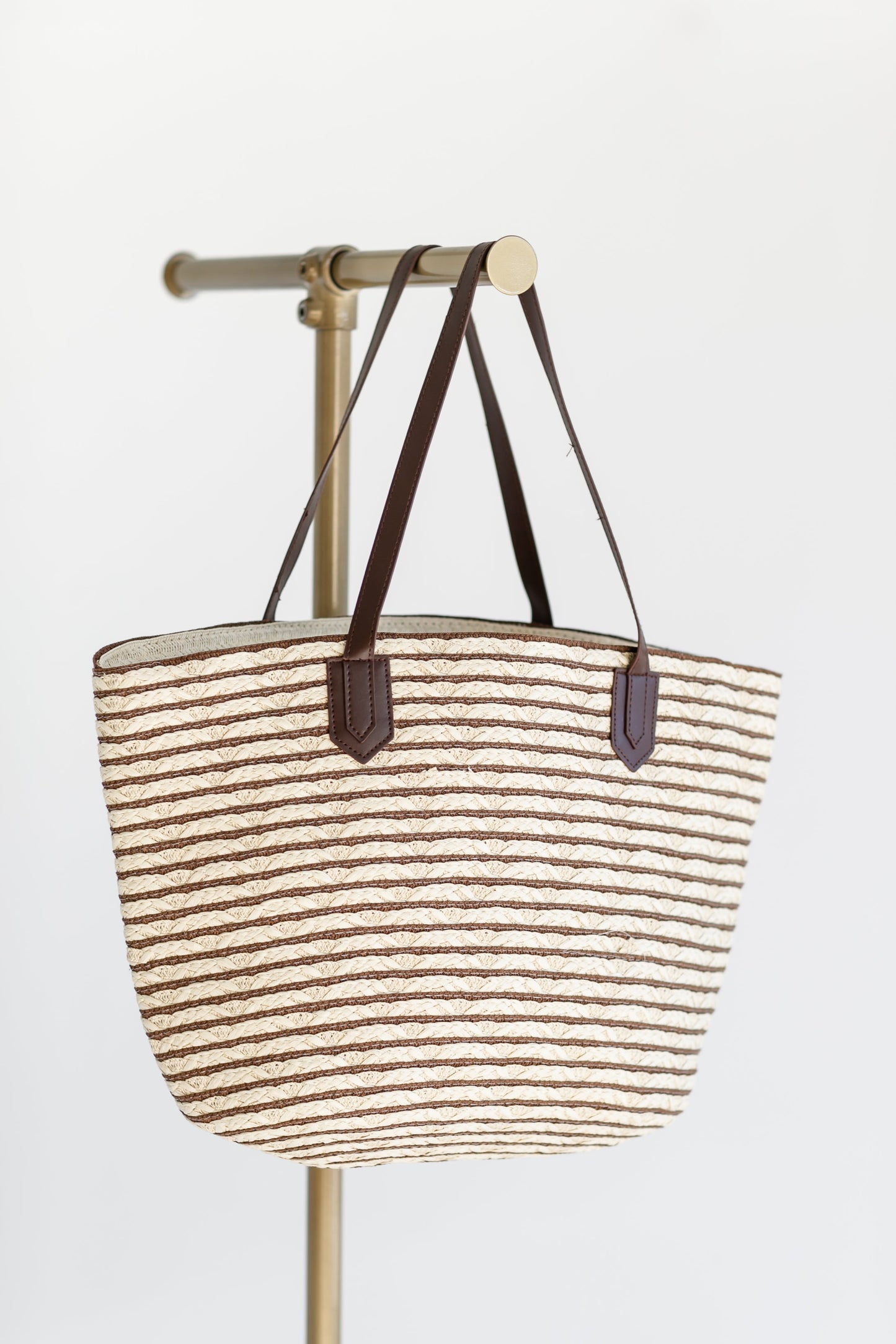 Two Tone Straw Tote with Brown Handle Accessories