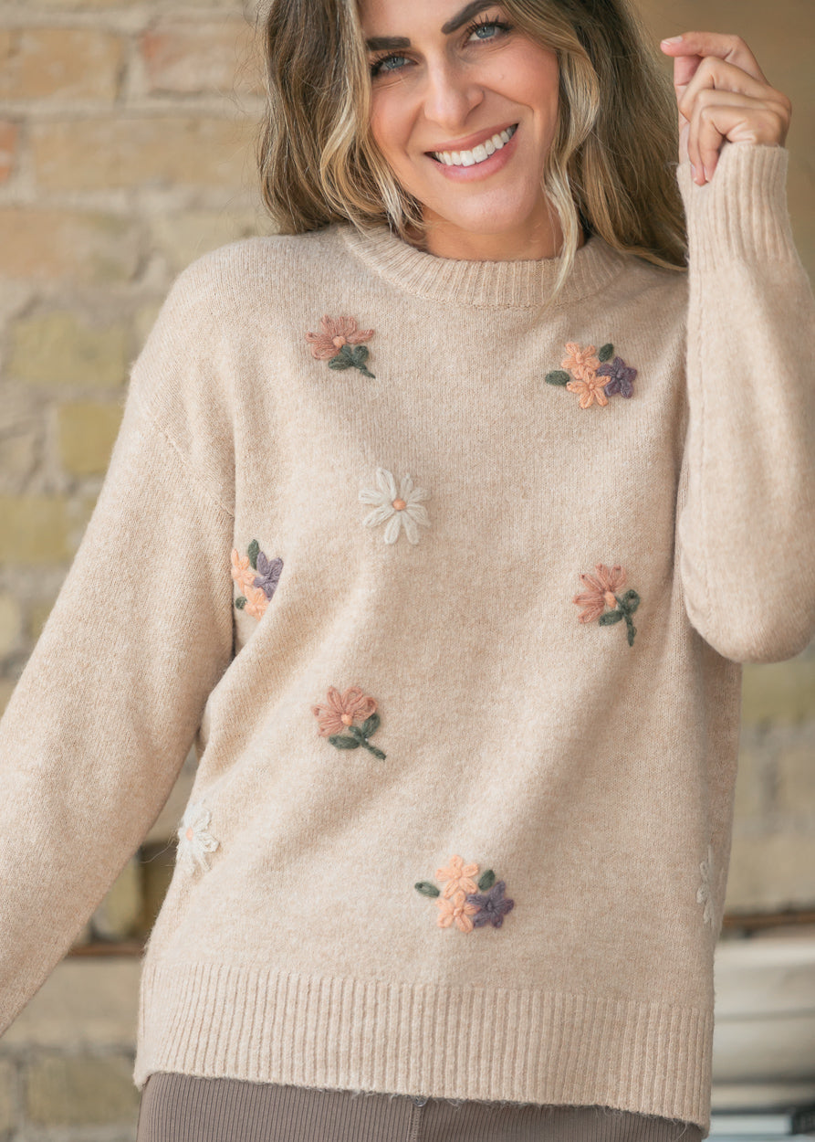 Ultra Cozy Embroidered Floral Sweater Top FF Tops