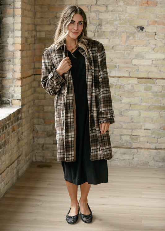 Ultra Fuzzy Plaid Long Sleeve Coat FF Layering Essentials S