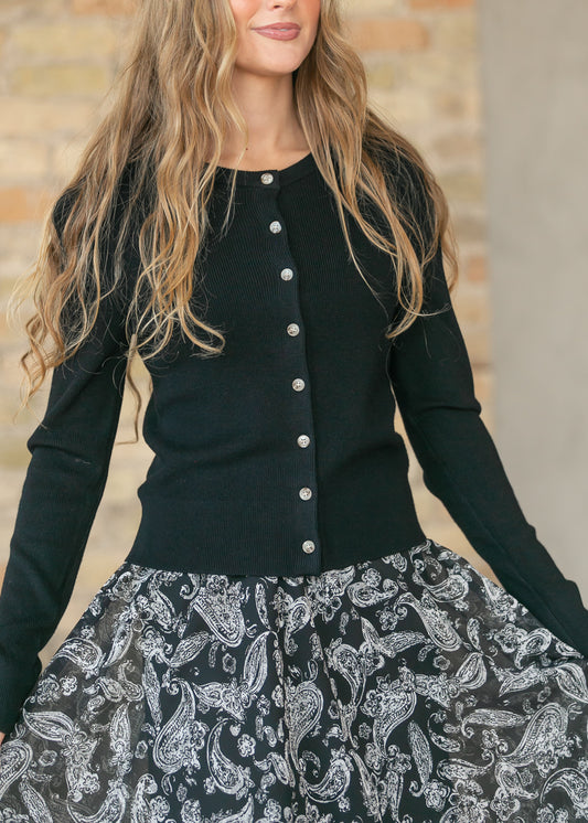Ultra Soft Black Essential Ribbed Button Up Cardigan FF Tops