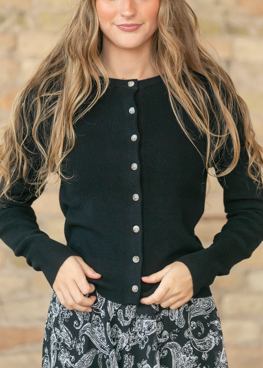 Ultra Soft Black Essential Ribbed Button Up Cardigan FF Tops S