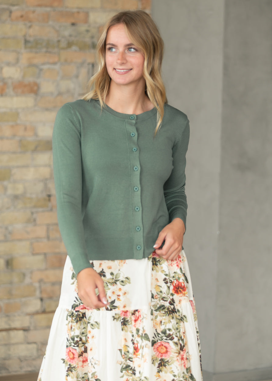 Ultra Soft Spruce Long Sleeve Cardigan FF Tops