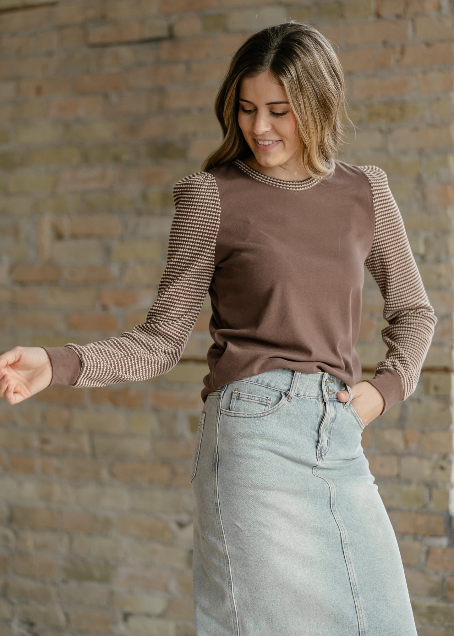 Ultra Soft Waffle Sleeve Contrast Top FF Tops