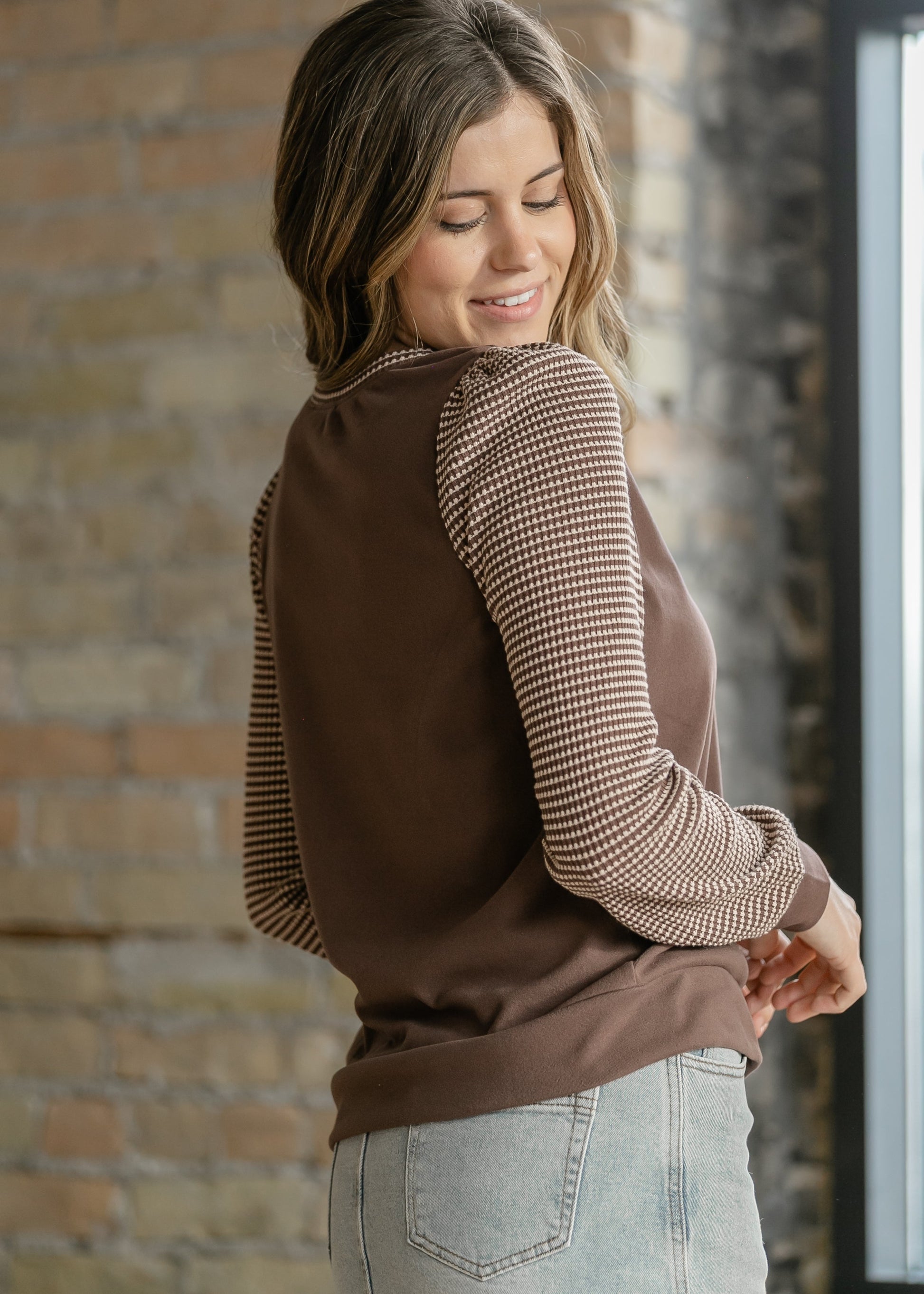 Ultra Soft Waffle Sleeve Contrast Top FF Tops