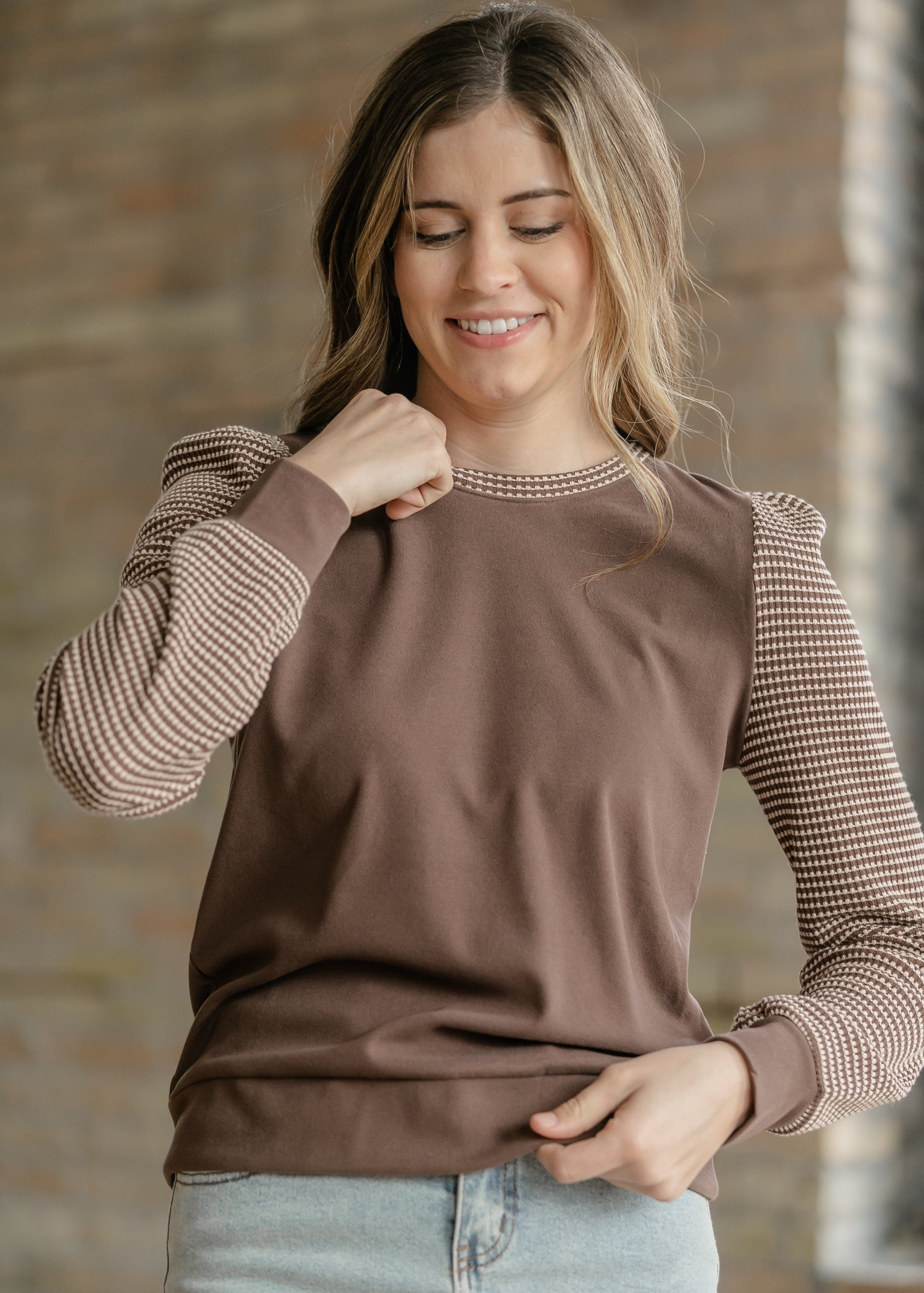 Ultra Soft Waffle Sleeve Contrast Top FF Tops