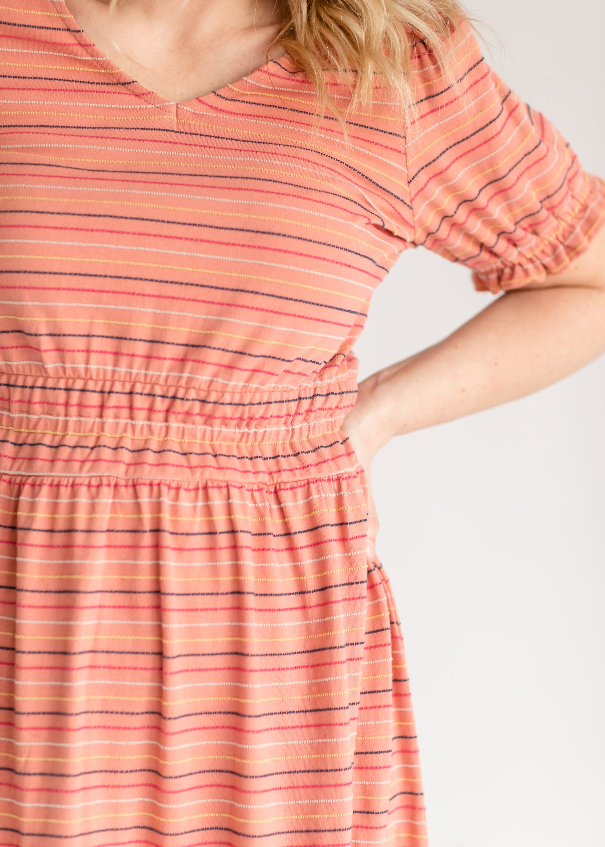 V-neck Embroidered Striped Midi Dress FF Dresses