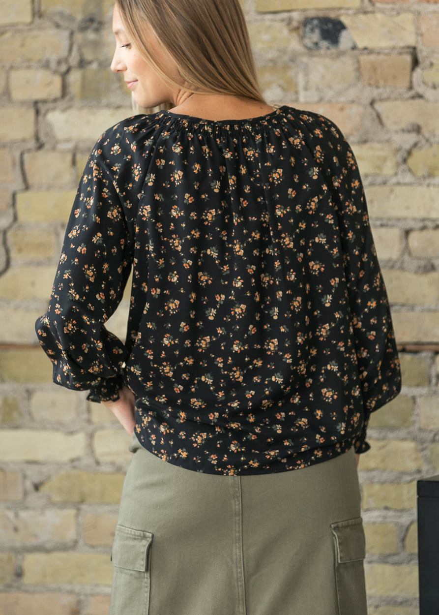 V-neck Floral Smocked Sleeve Top FF Tops