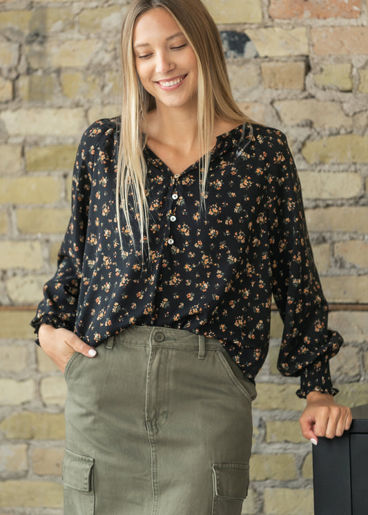 V-neck Floral Smocked Sleeve Top FF Tops S