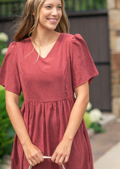 V-neck Gingham Maroon Dress FF Dresses