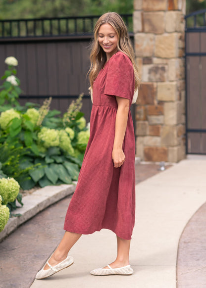 V-neck Gingham Maroon Dress FF Dresses