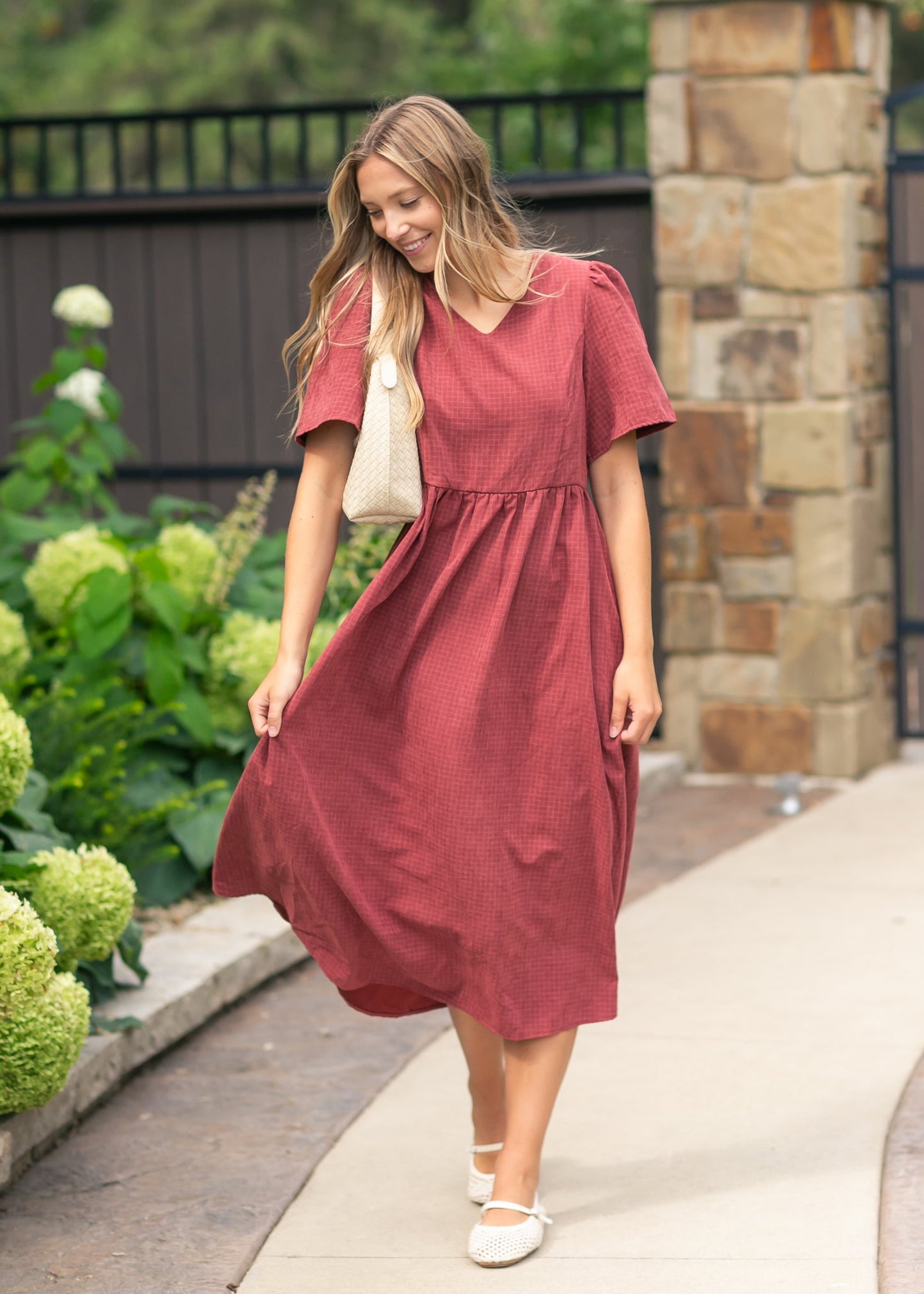 V-neck Gingham Maroon Dress FF Dresses