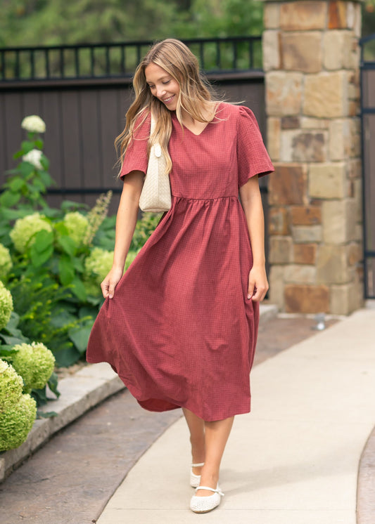 V-neck Gingham Maroon Dress FF Dresses