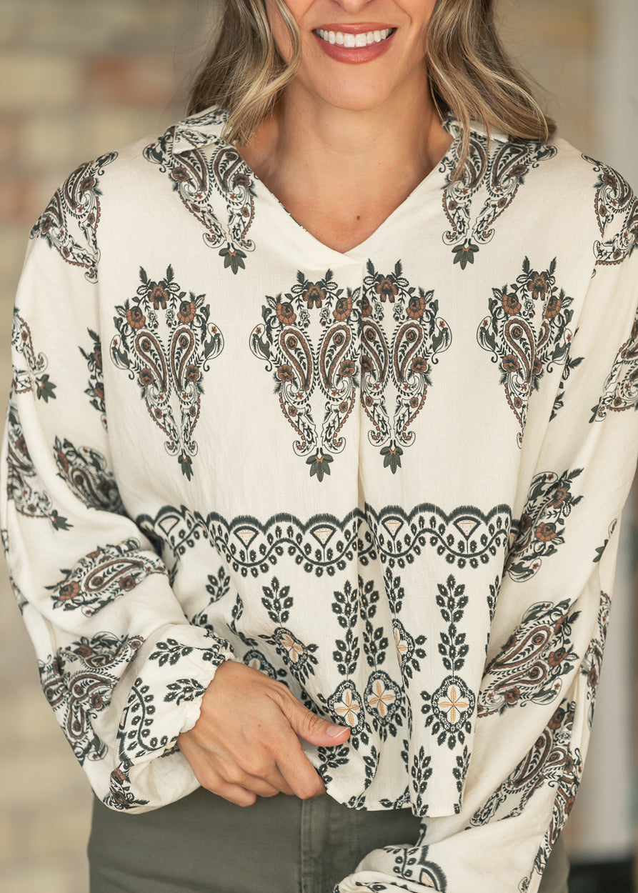 V-neck Olive Print Collared Top FF Tops