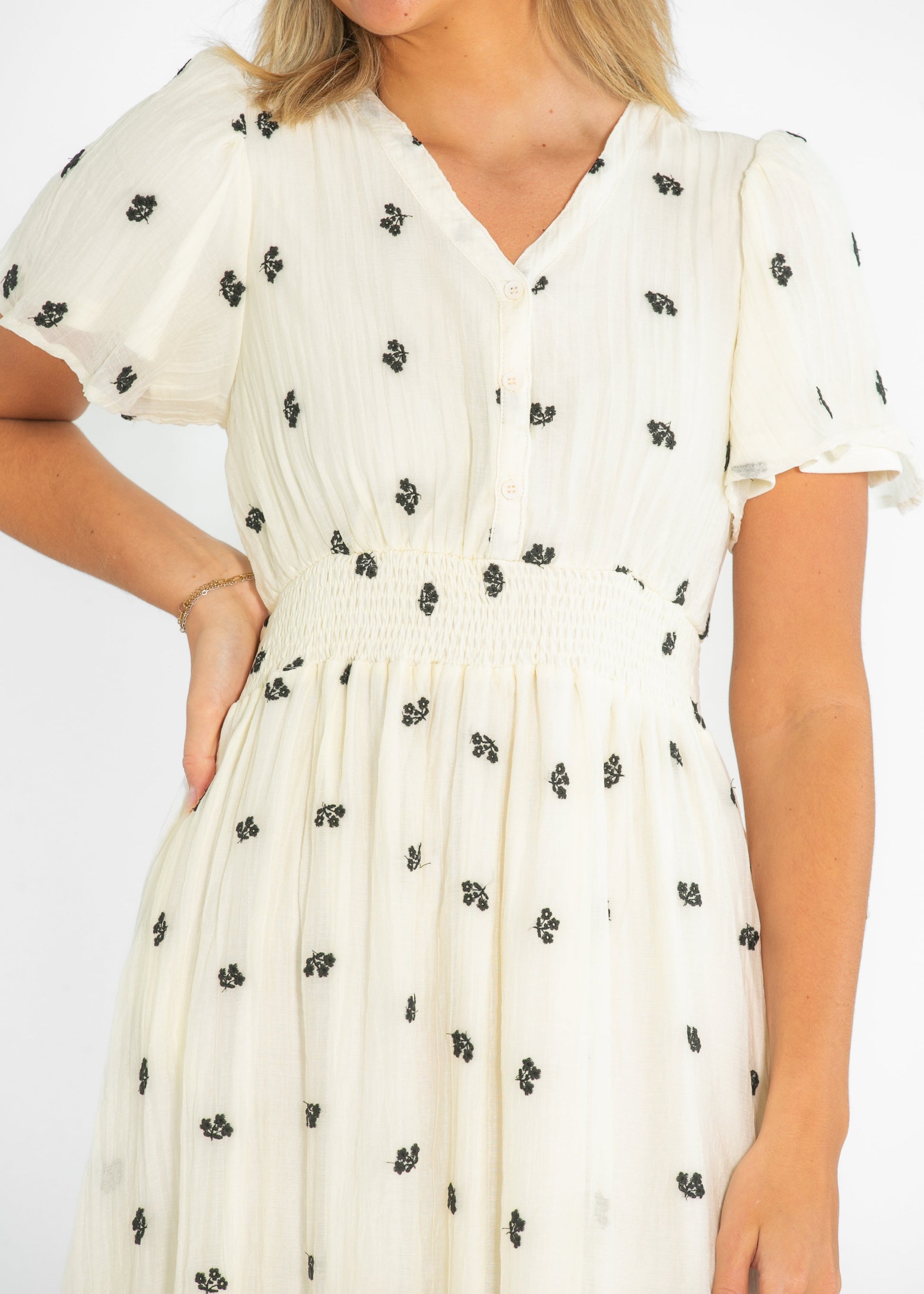 V-neck Printed Embroidered Midi Dress FF Dresses