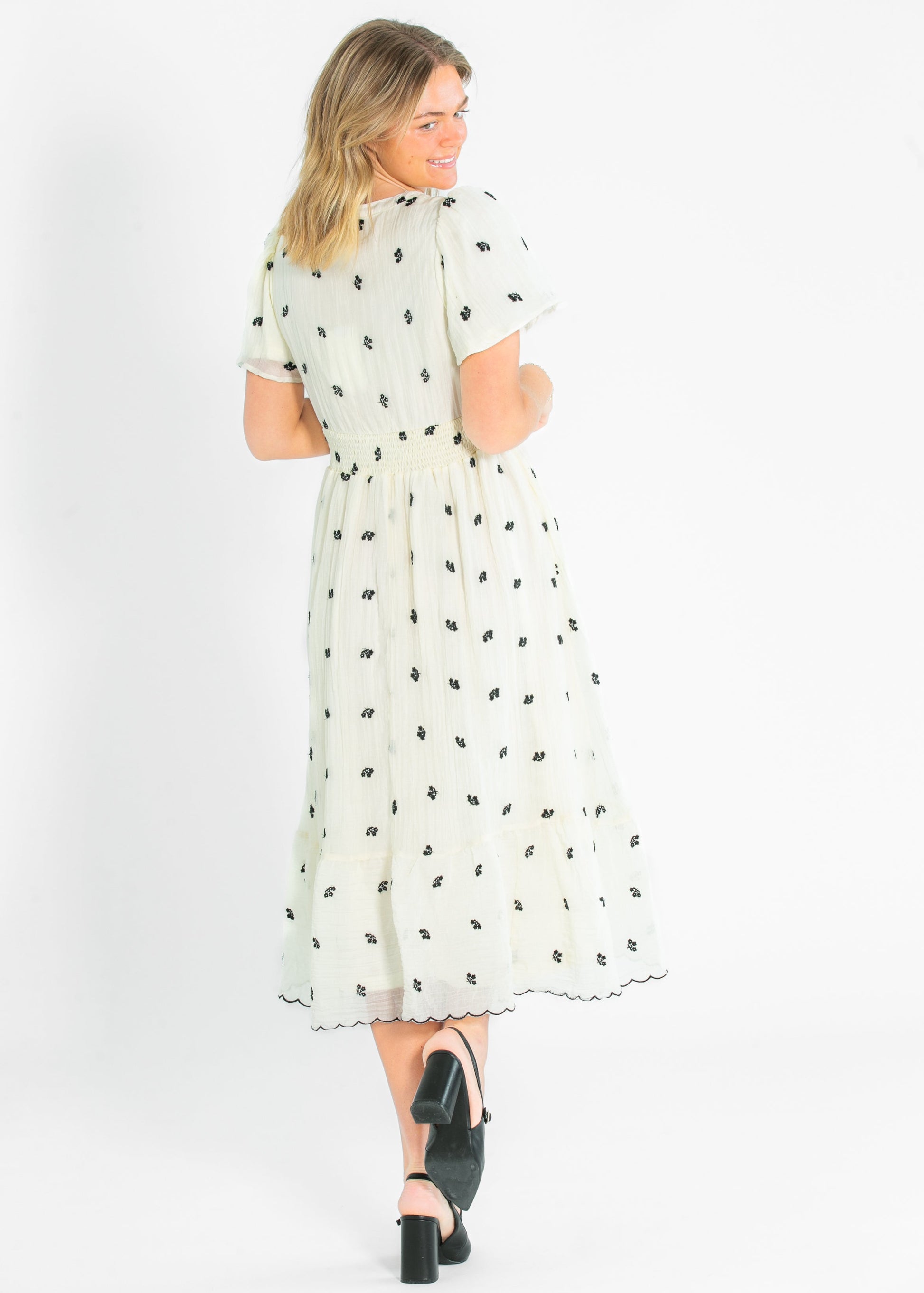 V-neck Printed Embroidered Midi Dress FF Dresses