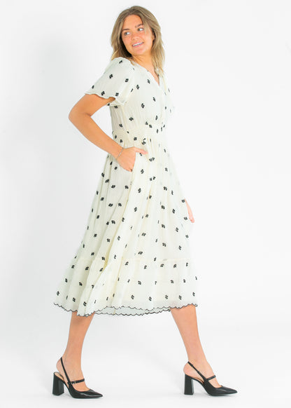 V-neck Printed Embroidered Midi Dress FF Dresses