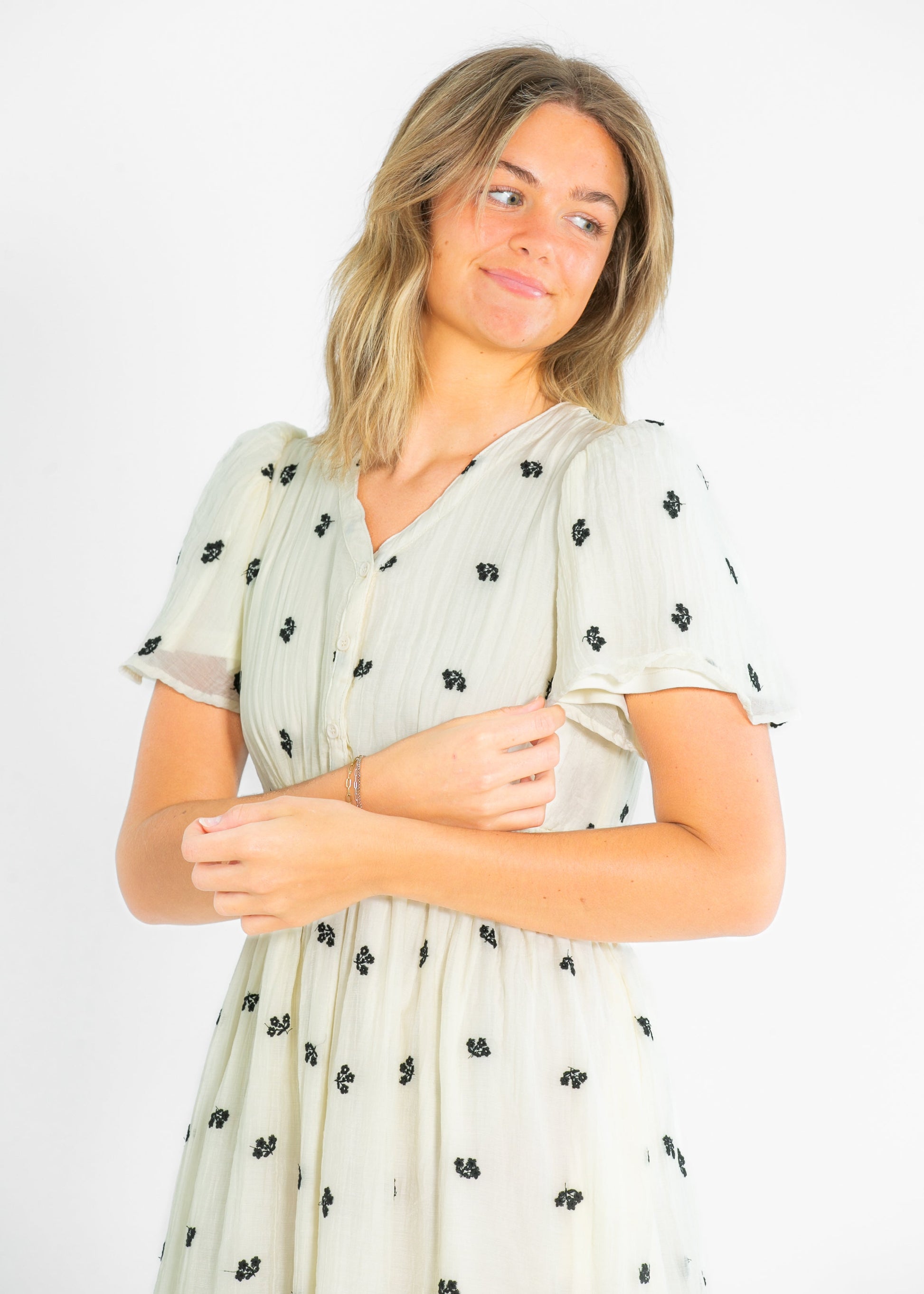 V-neck Printed Embroidered Midi Dress FF Dresses