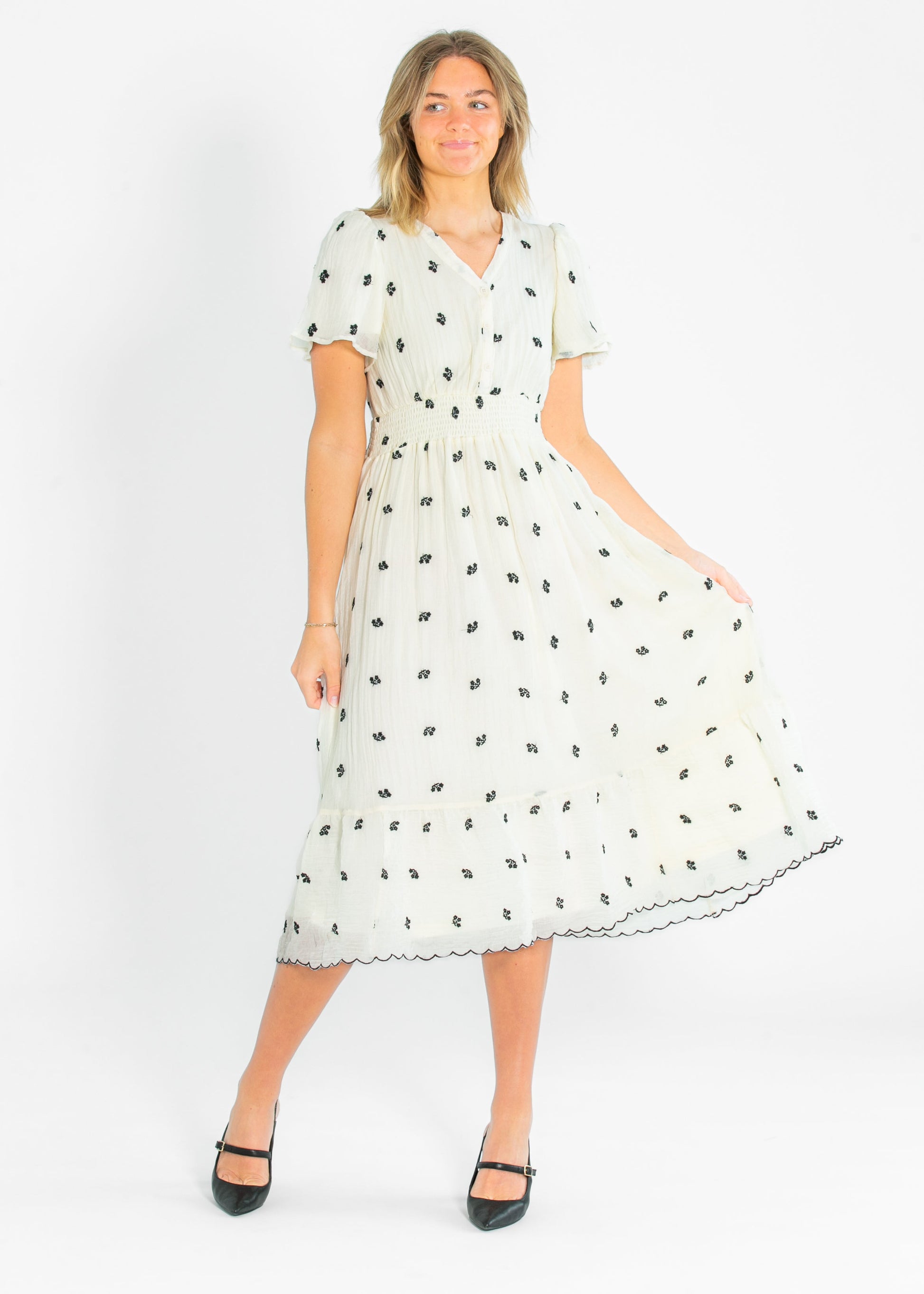 V-neck Printed Embroidered Midi Dress FF Dresses