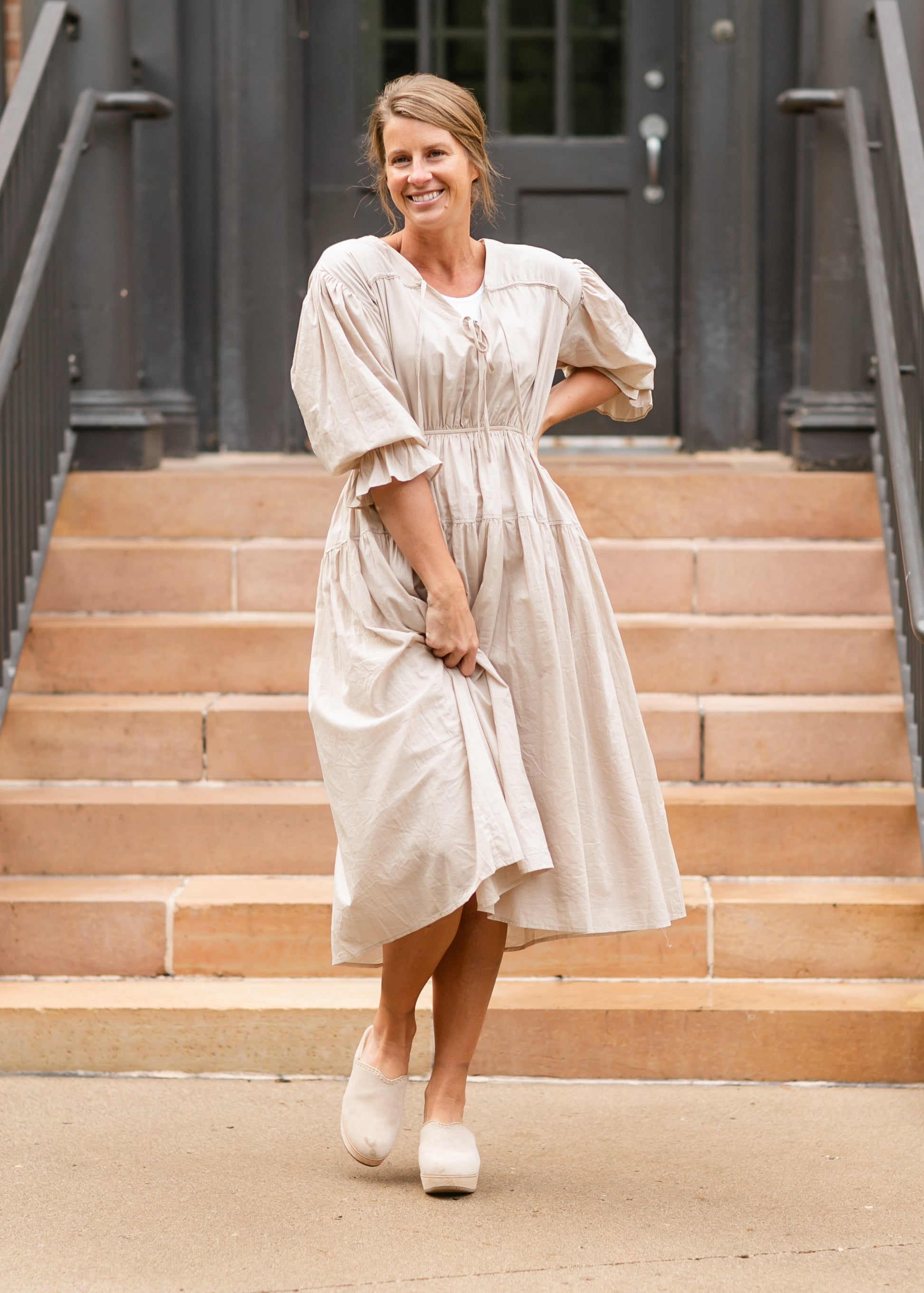 V-neck Puff 3/4 Sleeve Midi Dress - FINAL SALE Inherit Co. V-neck Puff 3/4 Sleeve Midi Dress - FINAL SALE Inherit Co.