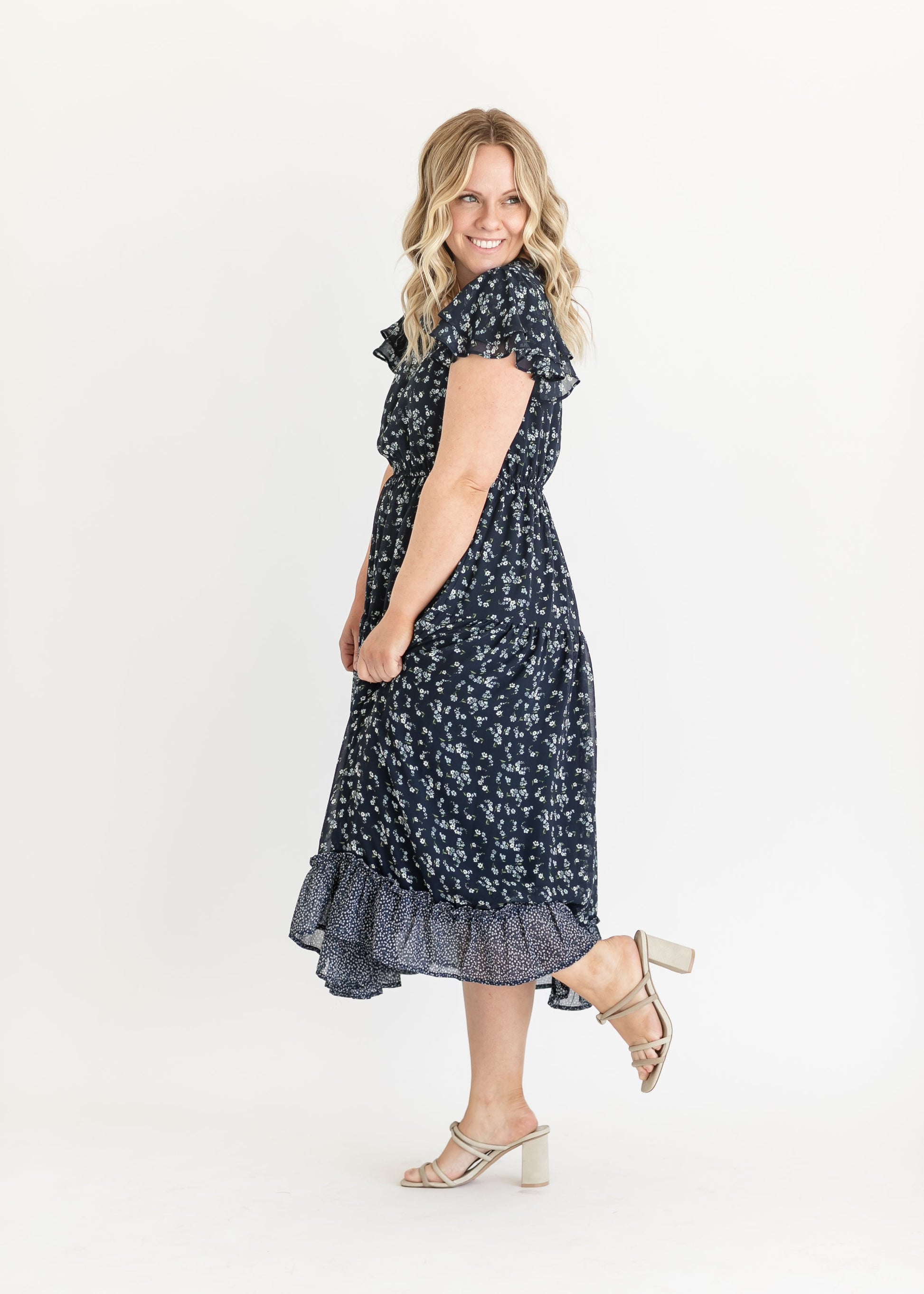 V-neck Ruffle Sleeve Floral Midi Dress FF Dresses