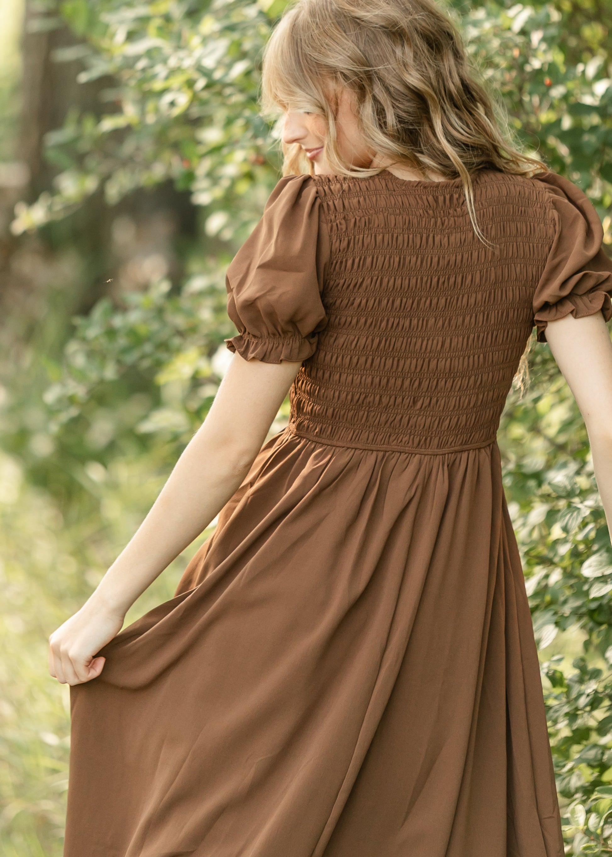 V-neck Smocked Front Tie Midi Dress