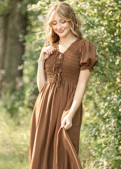 V-neck Smocked Front Tie Midi Dress FF Dresses