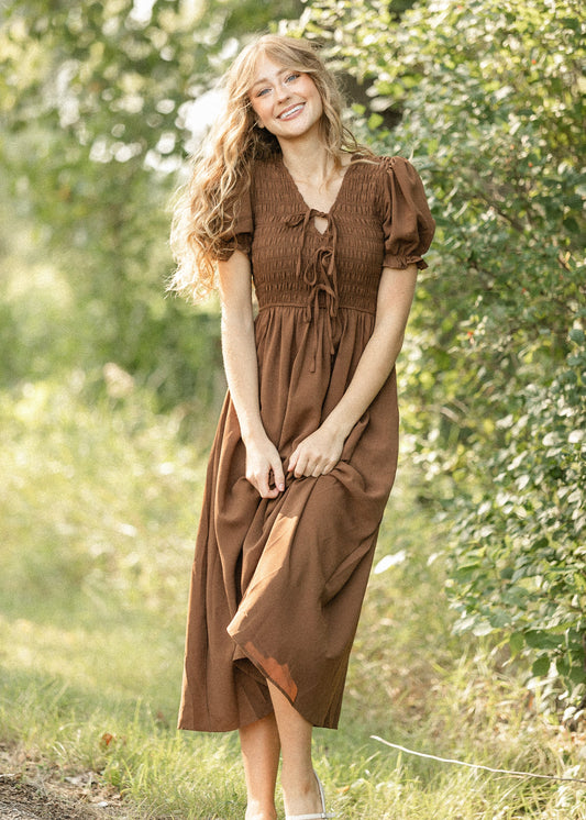 V-neck Smocked Front Tie Midi Dress FF Dresses