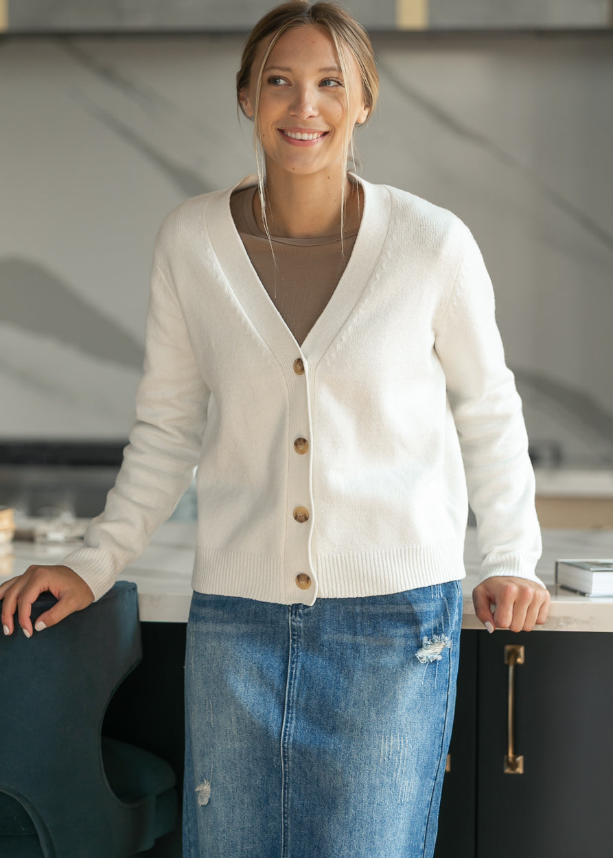 V-neck Soft Knit Button Cardigan FF Tops