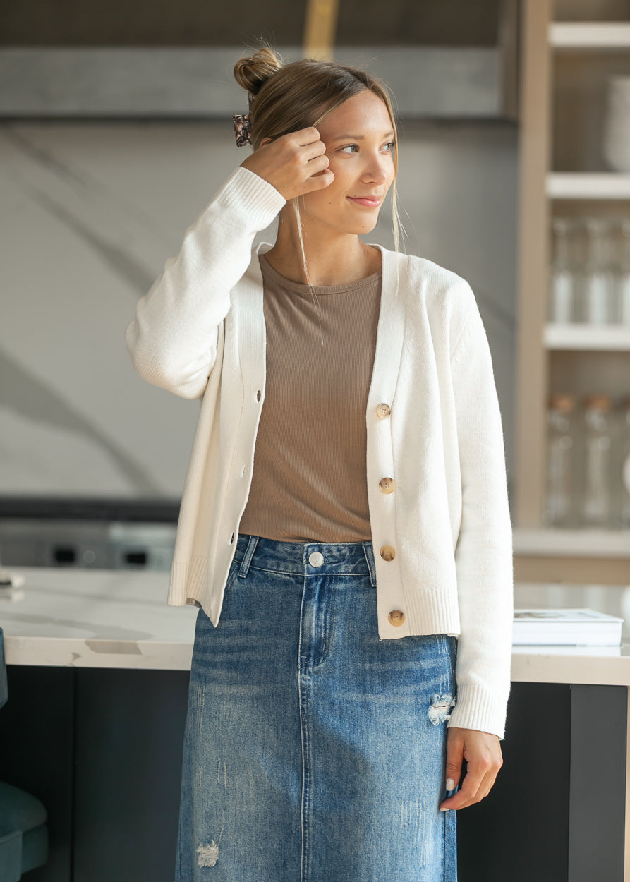 V-neck Soft Knit Button Cardigan FF Tops
