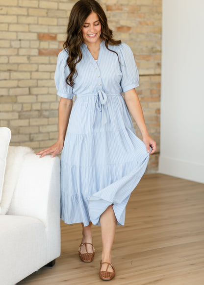 V-neck Waist Tie Striped Maxi Dress FF Dresses