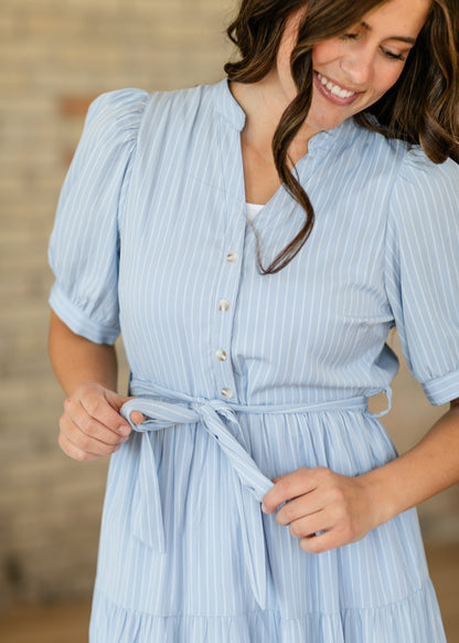 V-neck Waist Tie Striped Maxi Dress FF Dresses