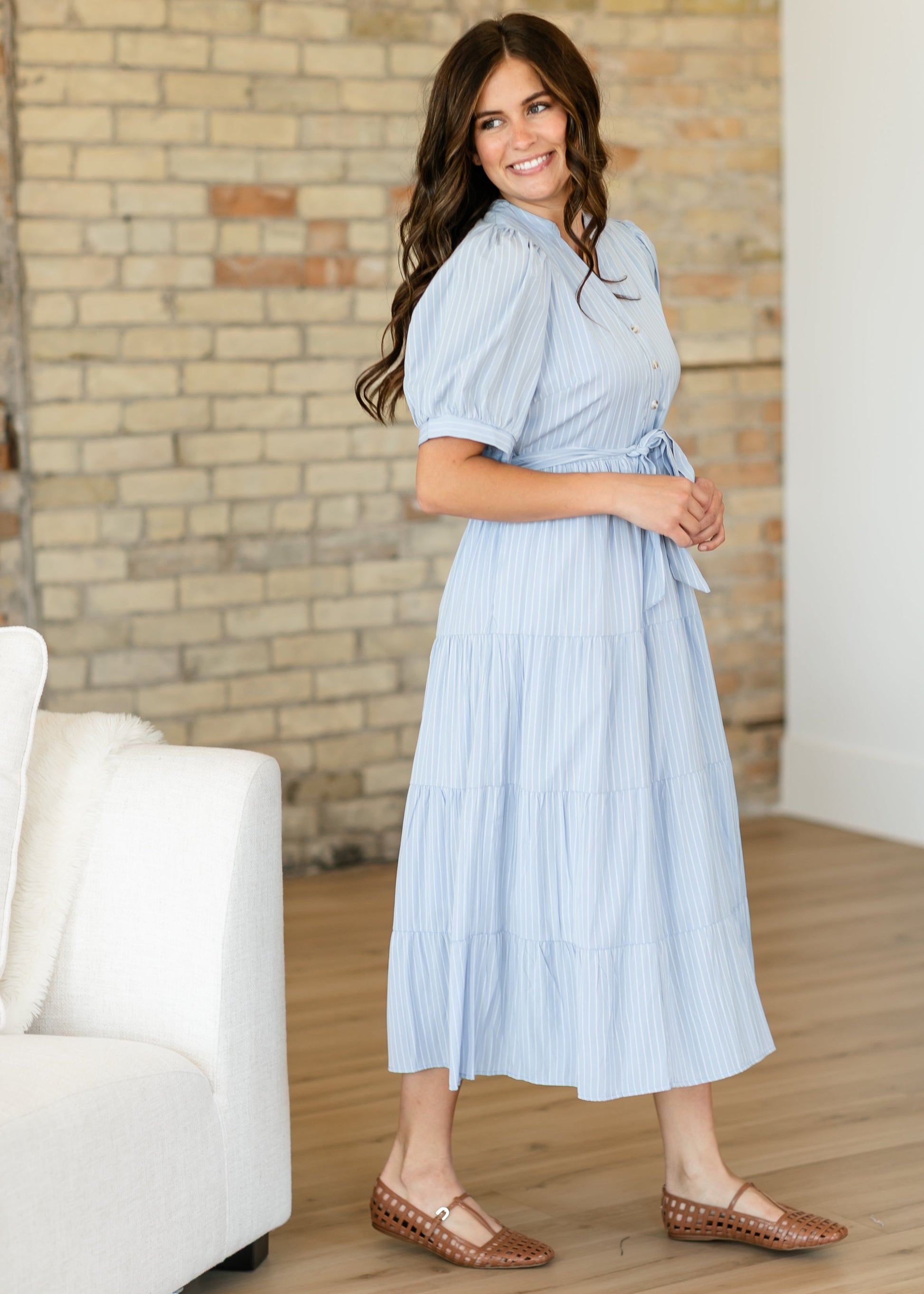 V-neck Waist Tie Striped Maxi Dress FF Dresses