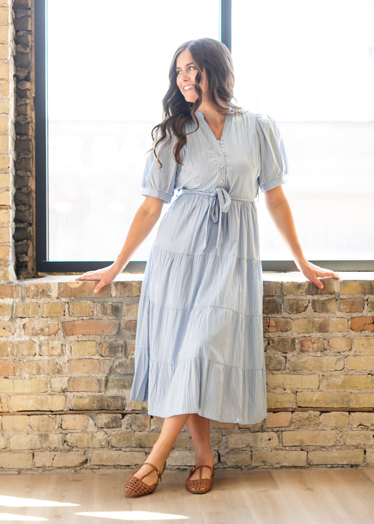 V-neck Waist Tie Striped Maxi Dress FF Dresses