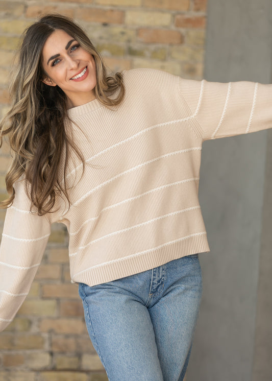 Varley® Tan Meryl Stripe Knit Sweater FF Layering Essentials