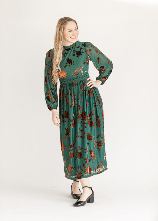 Velvet Floral Long sleeve Midi Dress FF Dresses