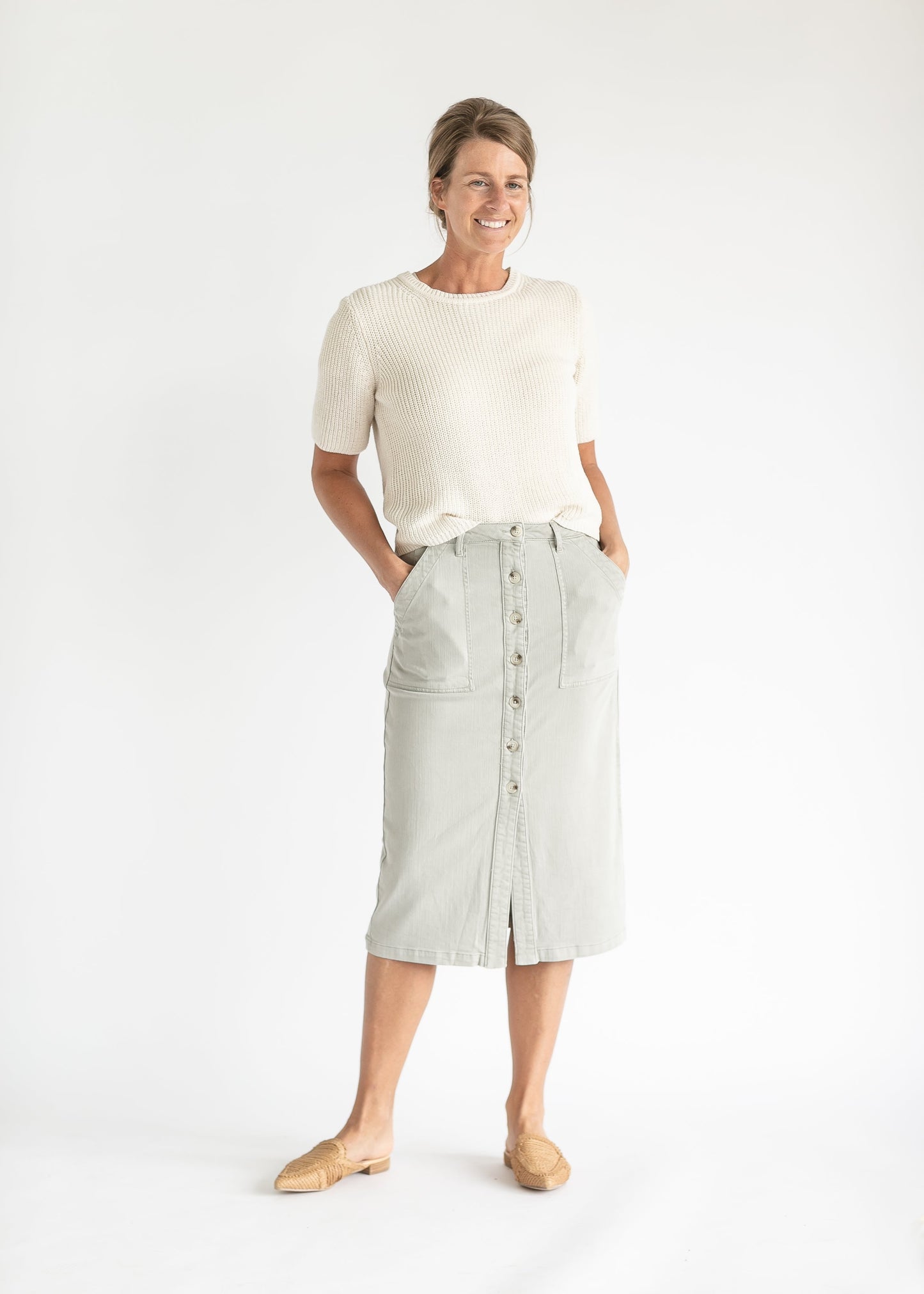 Victoria Front Button Denim Midi Skirt FF Skirts