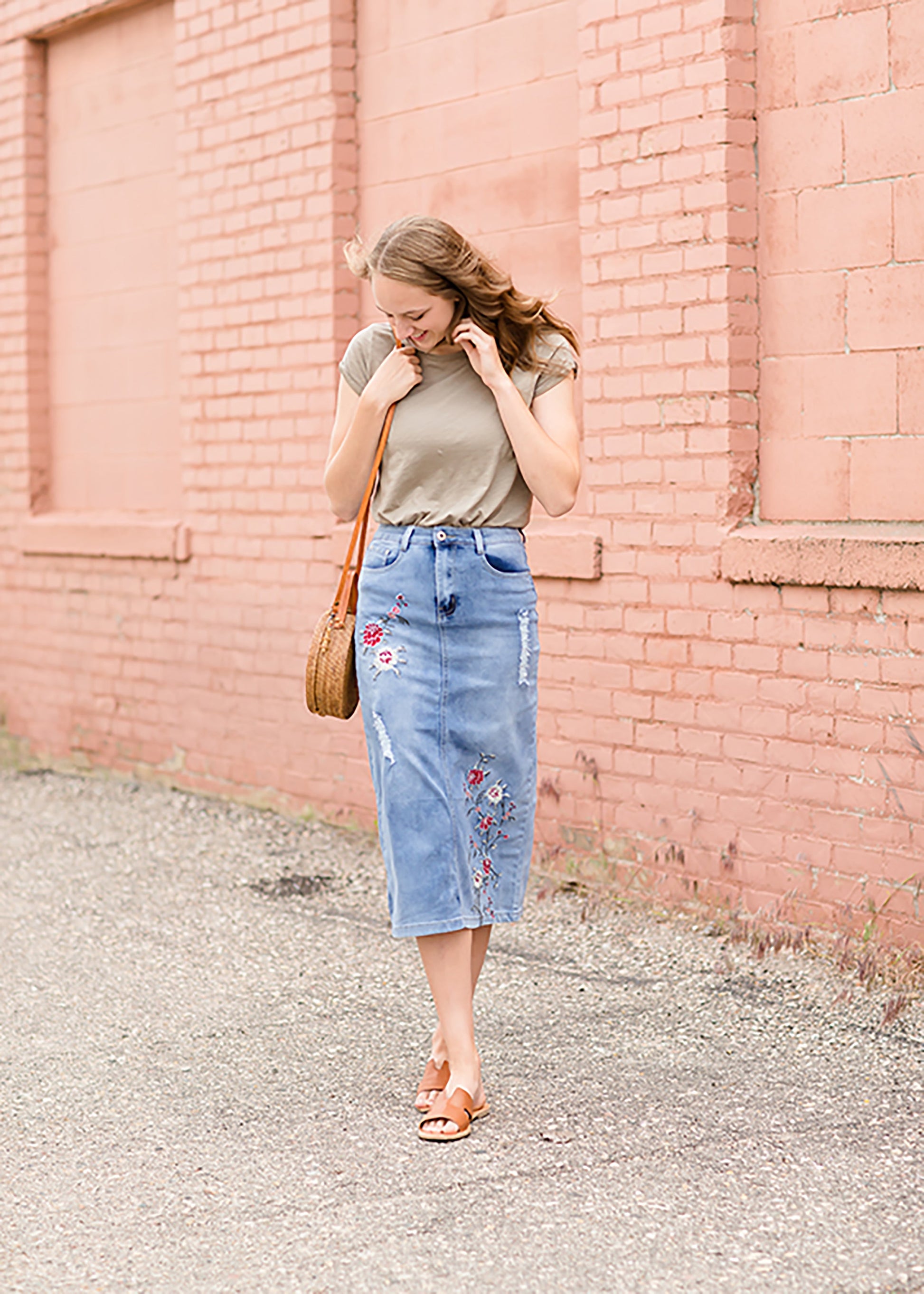 Vintage Embroidered Denim Midi Skirt Skirts