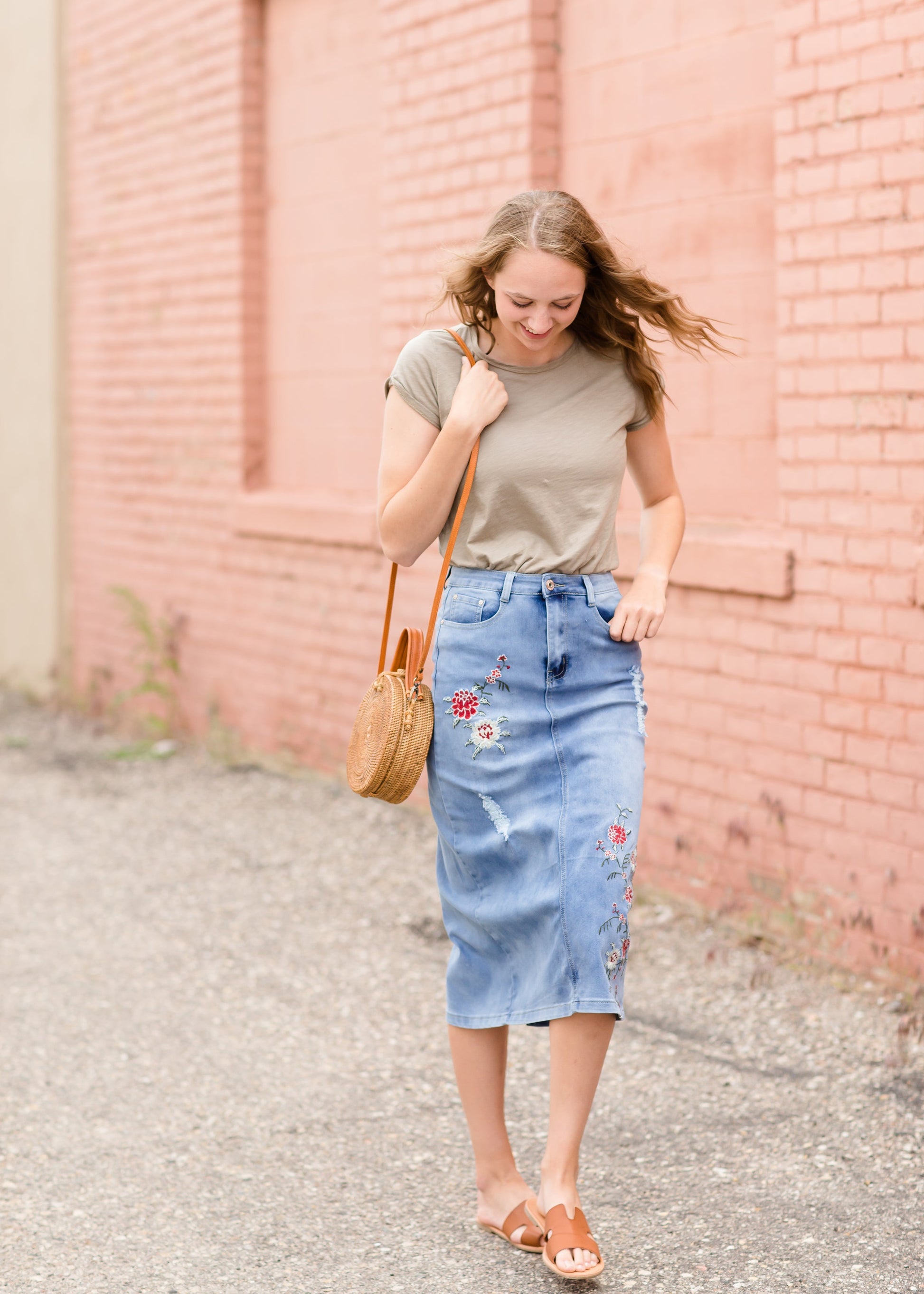 Vintage Embroidered Denim Midi Skirt Skirts