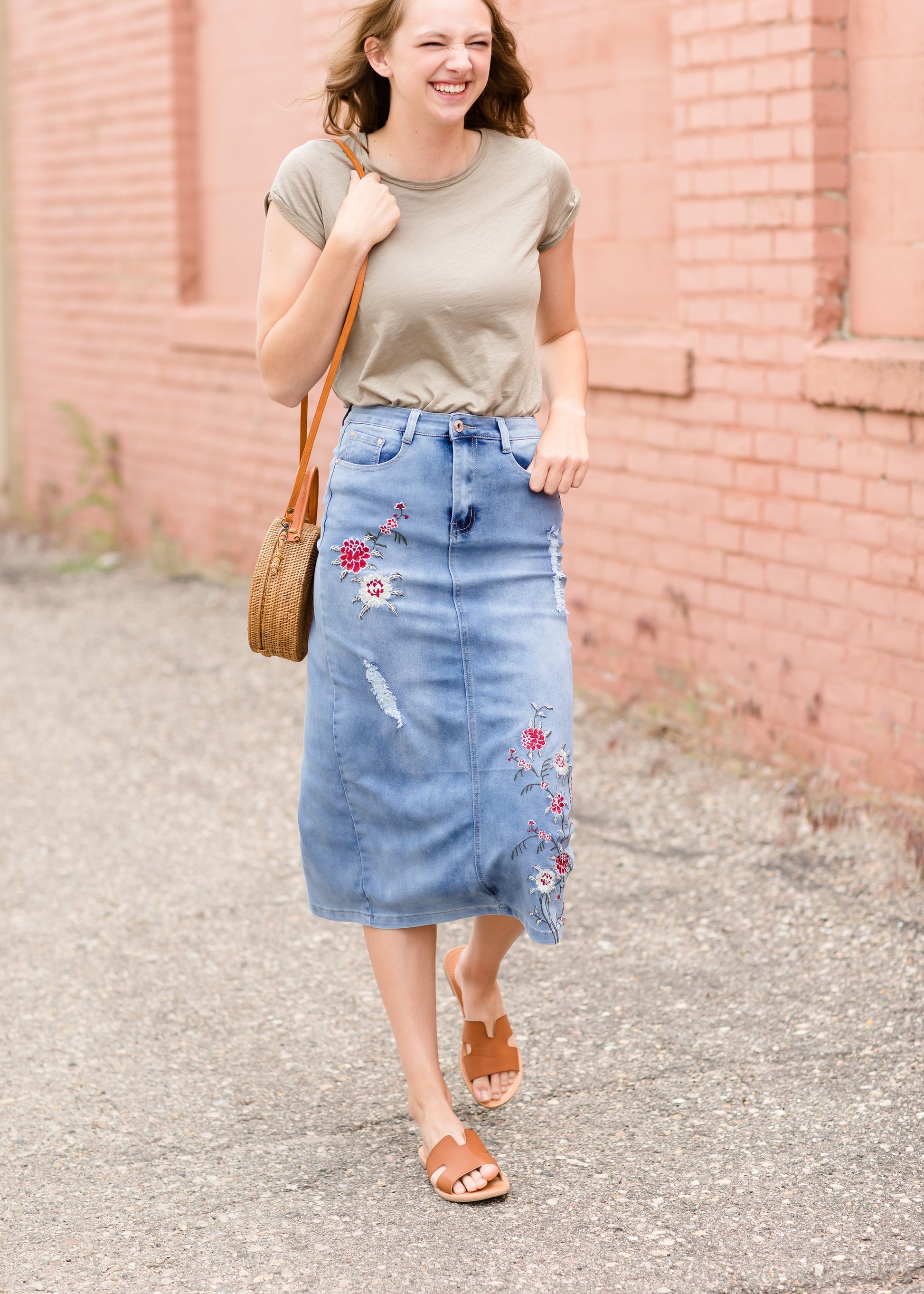 Vintage Embroidered Denim Midi Skirt Skirts