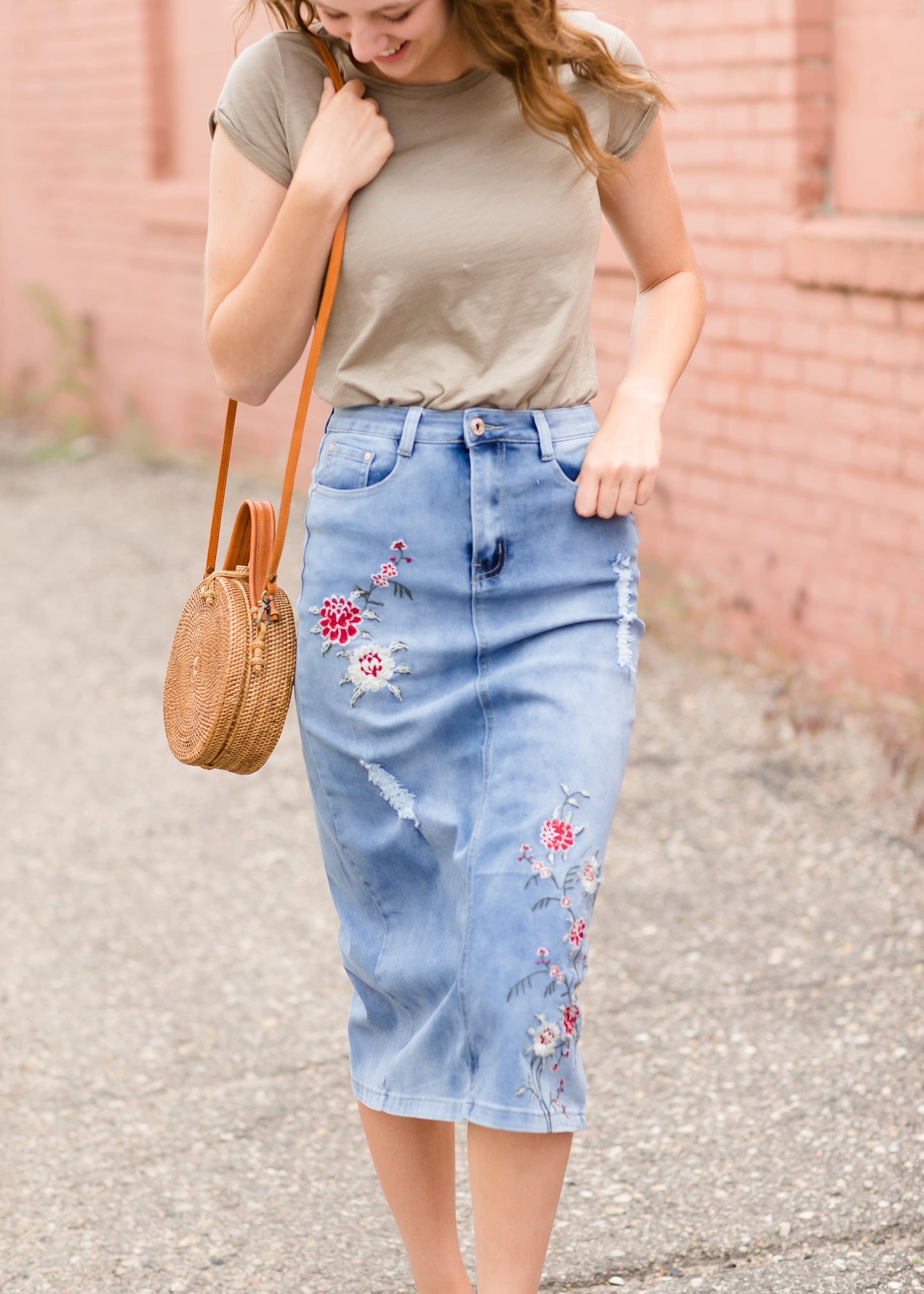 Vintage Embroidered Denim Midi Skirt Skirts
